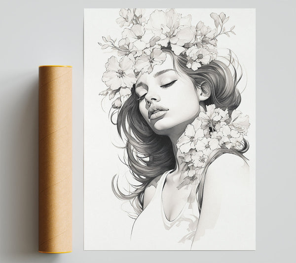 Elegant Woman Flowers Sketch Poster