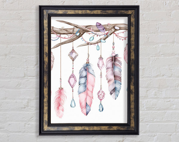 Feathers And Jewels Hanging From A Branch Framed Print