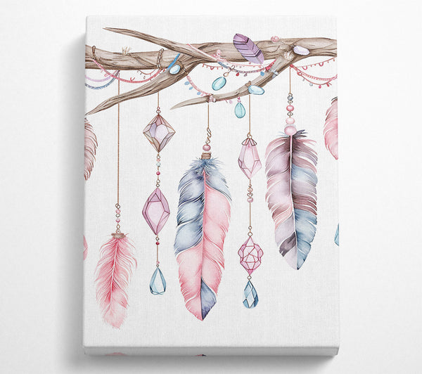  A Canvas Print of Feathers And Jewels Hanging From A Branch Canvas Wall Art
