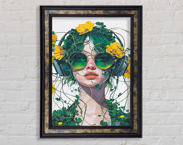 Foilage Woman Headphones Framed Print