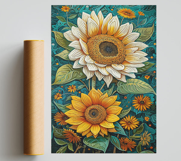 Teal Sunflowers Bloom Giclee Print
