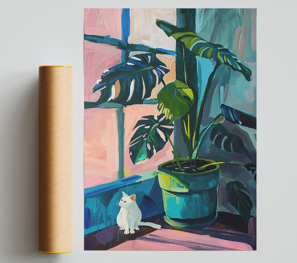 Teal Leaf & Kitty Poster