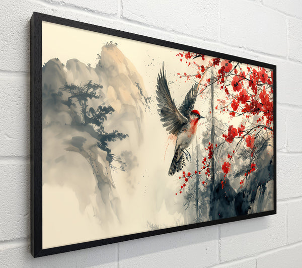Crimson Flight Through Fog