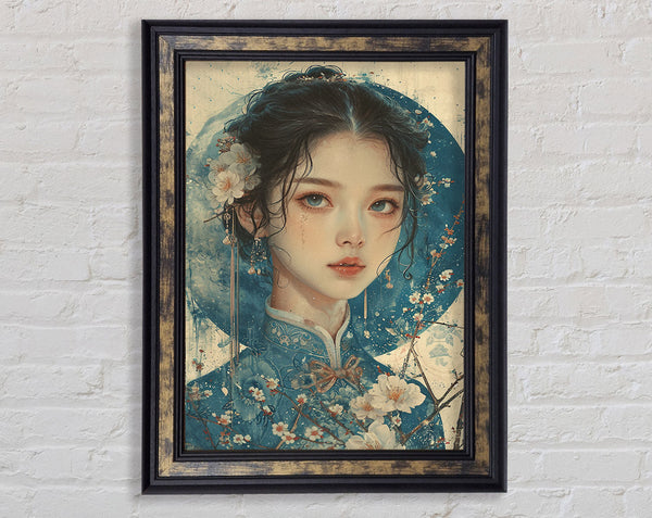 Geisha Woman Blue Framed Print