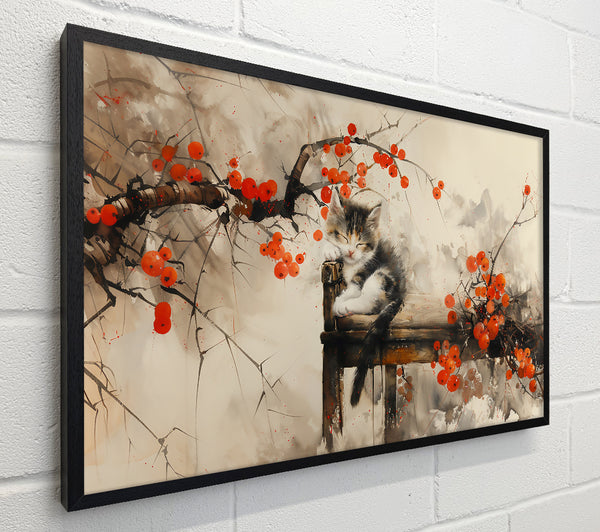 Sleeping Kitten And Red Berries