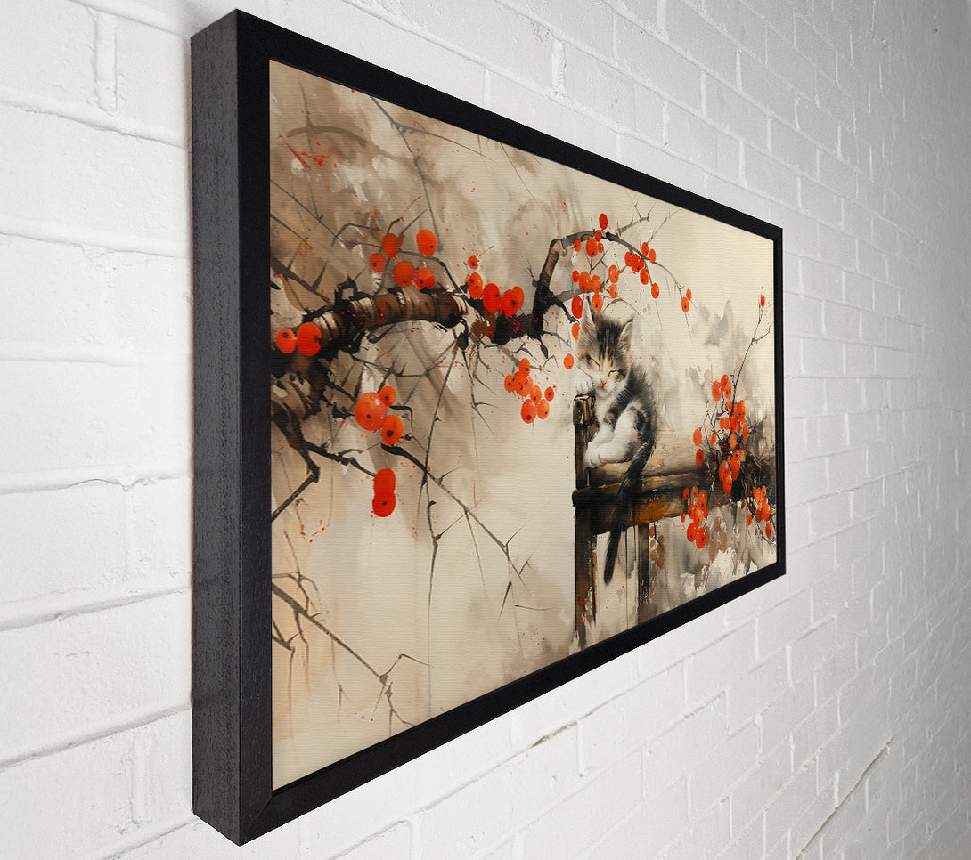  A Canvas Print of Sleeping Kitten And Red Berries Canvas Wall Art