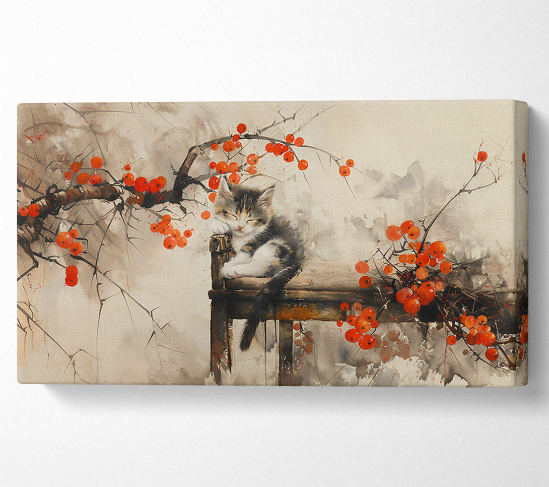  A Canvas Print of Sleeping Kitten And Red Berries Canvas Wall Art