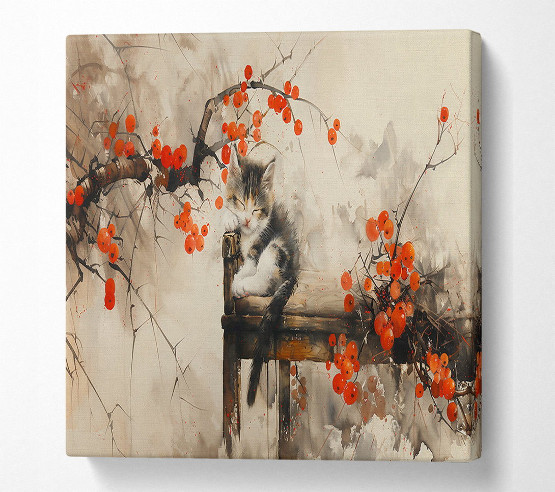  A Canvas Print of Sleeping Kitten And Red Berries Canvas Wall Art