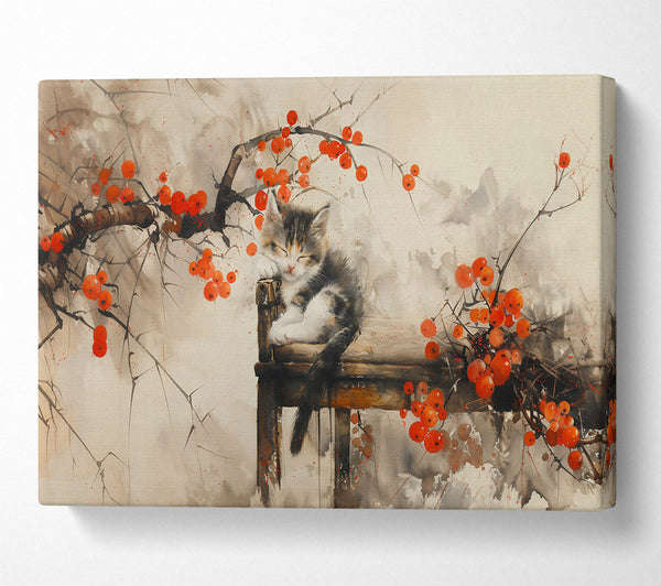  A Canvas Print of Sleeping Kitten And Red Berries Canvas Wall Art