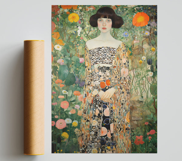 Girl In Blooming Garden Klimt Style Print