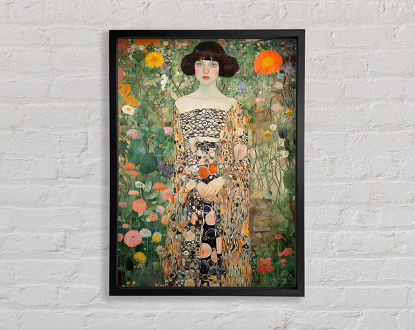 Girl In Blooming Garden Klimt Style Framed Print