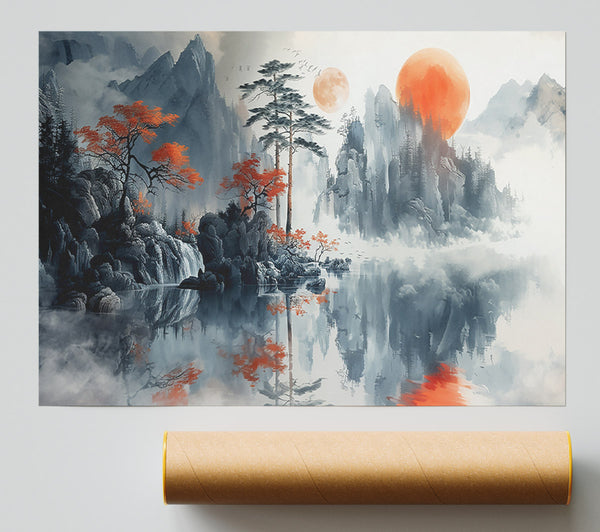Orange Sky Mountain Reflection Poster