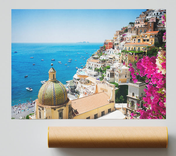 Pink Blooms Over Amalfi Coast Giclee Print