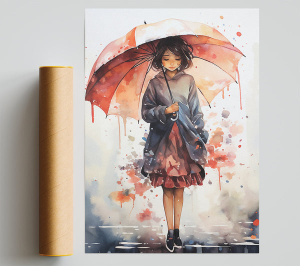 Girl Umbrella Rain Giclee Print