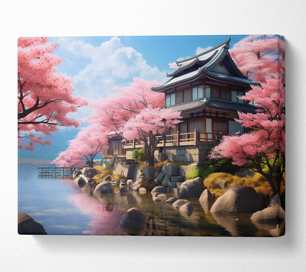  A Canvas Print of Pink Blossoms By The Lake Canvas Print