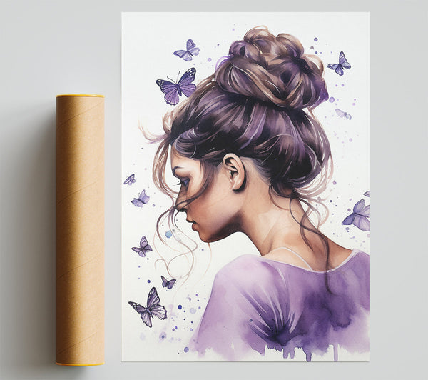 Girl With Bun Lilac Butterflies Print