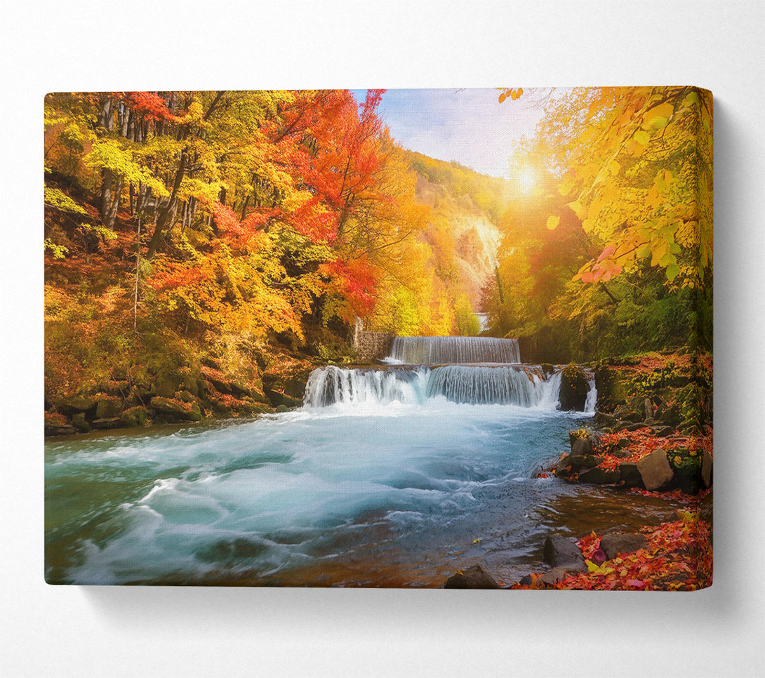  A Canvas Print of Golden Autumn Cascade. Canvas Art