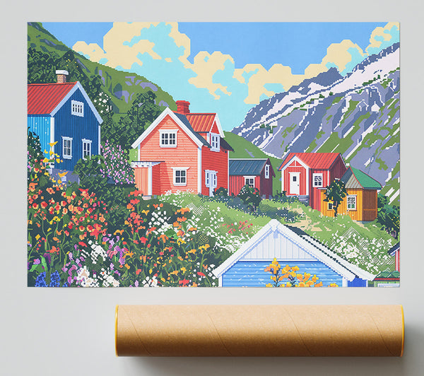 Pink Houses By The Fjord Poster