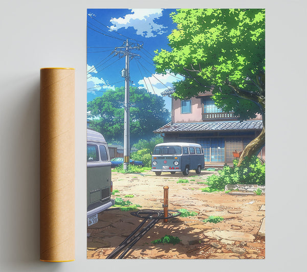 Blue Van On A Dusty Lane Print