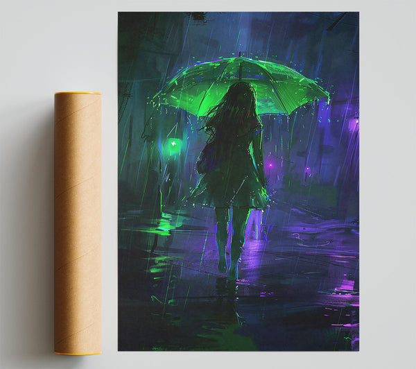 Green Umbrella In The Rain Giclee Print