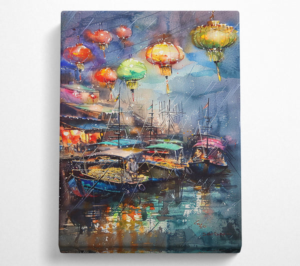  A Canvas Print of Blue Boats, Golden Lights Canvas Wall Art