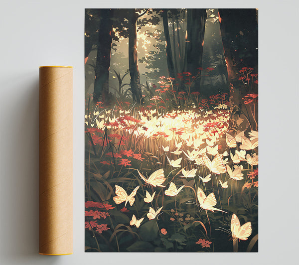 Golden Butterflies In Green Print