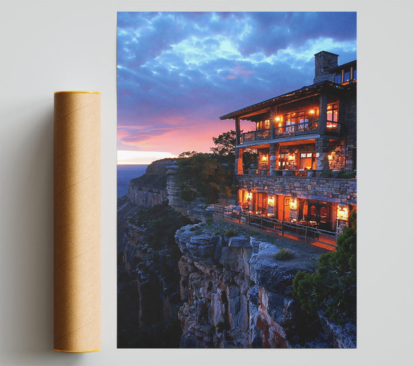Blue Sky Cliffside Cabin Giclee Print