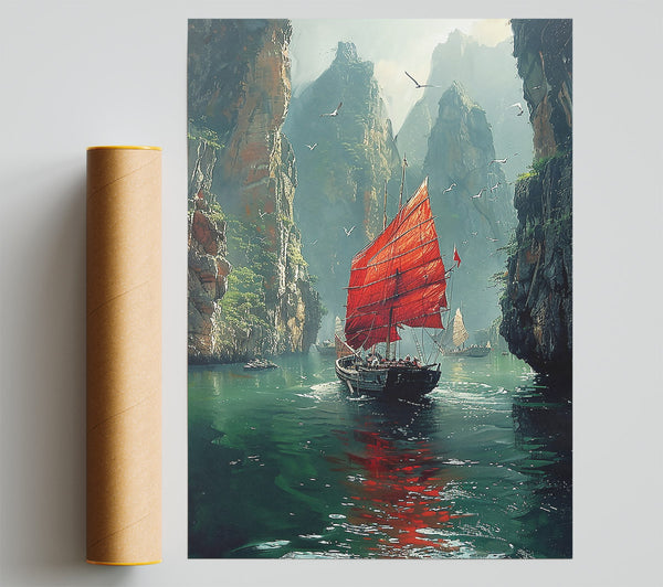 Crimson Sails Through The Mist Print