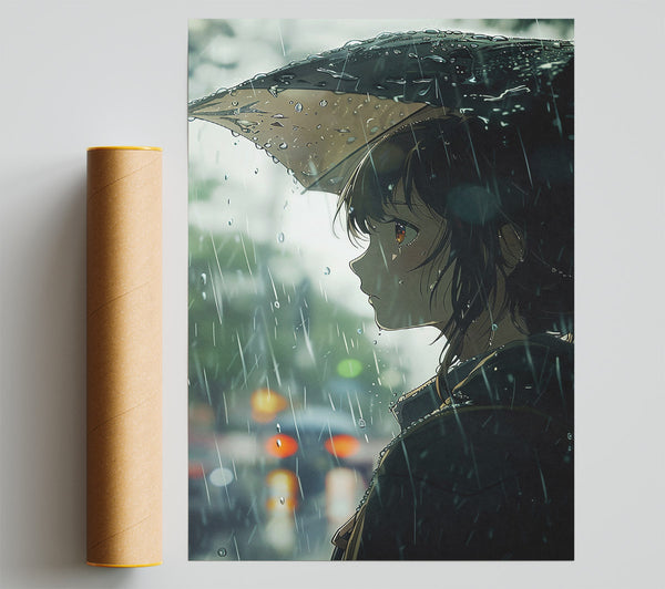 Green Umbrella Rain Poster