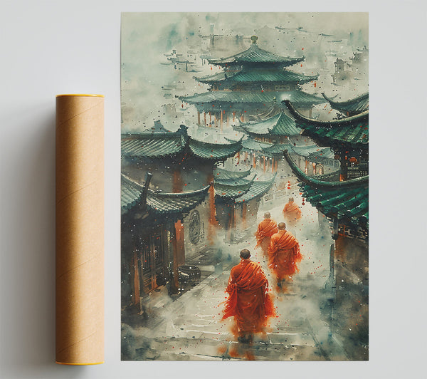 Orange Foggy Temple Walk Print