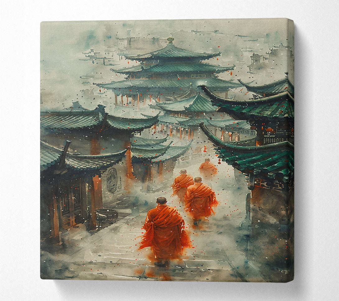  A Canvas Print of Orange Foggy Temple Walk Canvas Wall Art