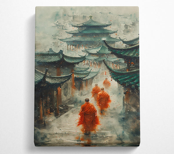  A Canvas Print of Orange Foggy Temple Walk Canvas Wall Art