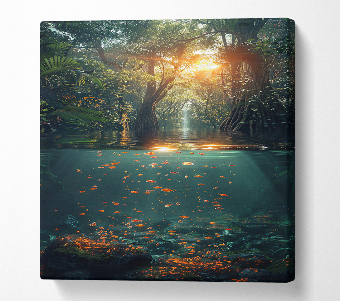  A Canvas Print of Orange Fish Beneath Green Trees Canvas Print