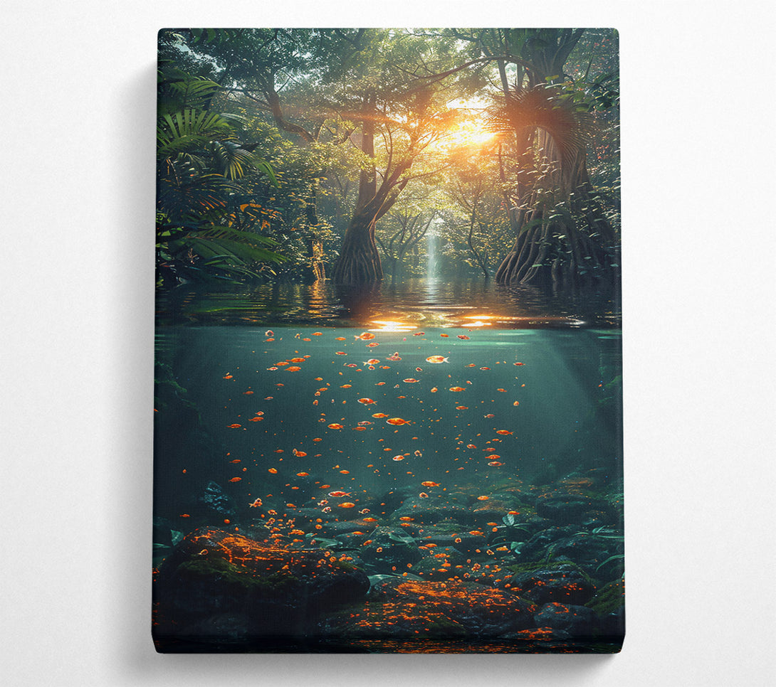  A Canvas Print of Orange Fish Beneath Green Trees Canvas Print