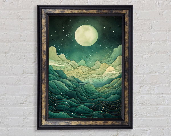 Green Dream Mountains Moon Framed Print