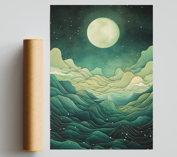 Green Dream Mountains Moon Print