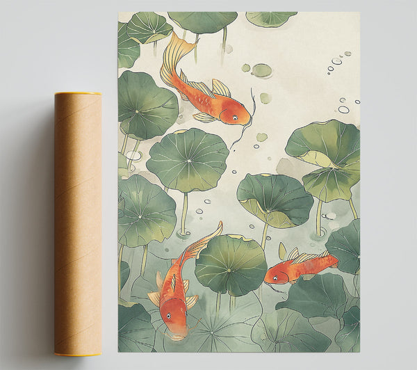 Green Lillies And Koi Print