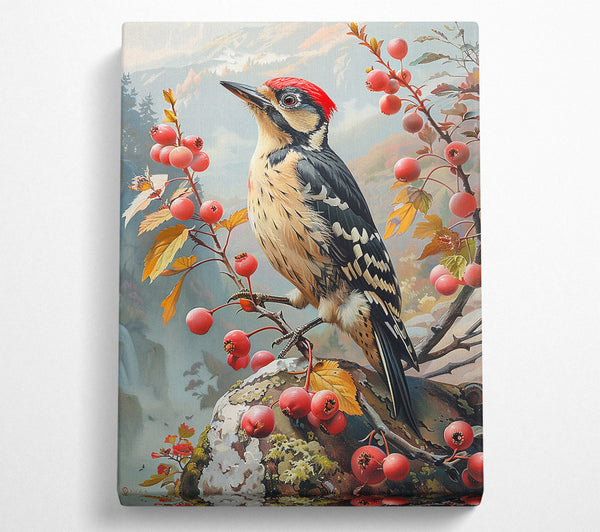  A Canvas Print of Red Berries & Woodpecker Canvas Wall Art