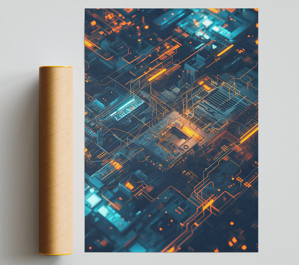Orange Circuitry Flow Poster