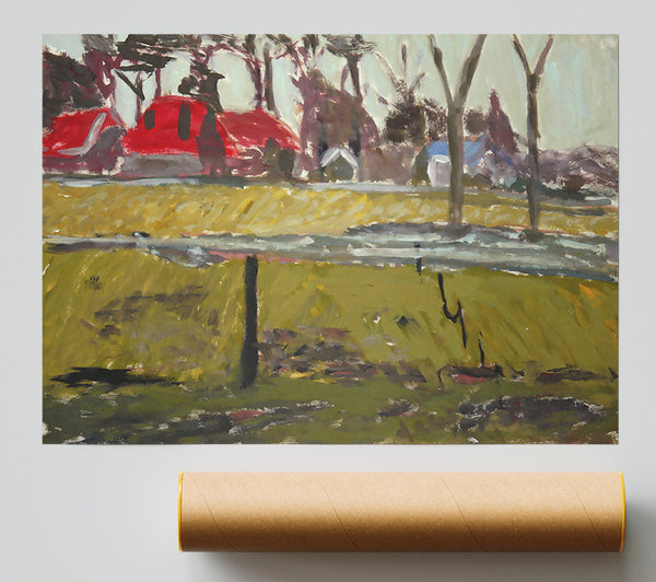 Red Car In Green Field Print