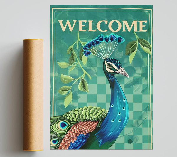 Teal Welcome Peacock Print