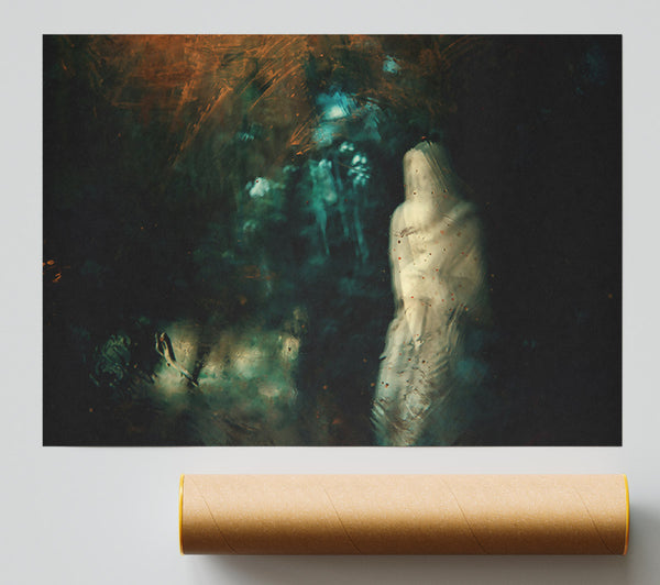 Teal Figure In Fog Poster