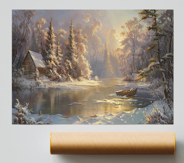 Golden Winter Cabin Giclee Print