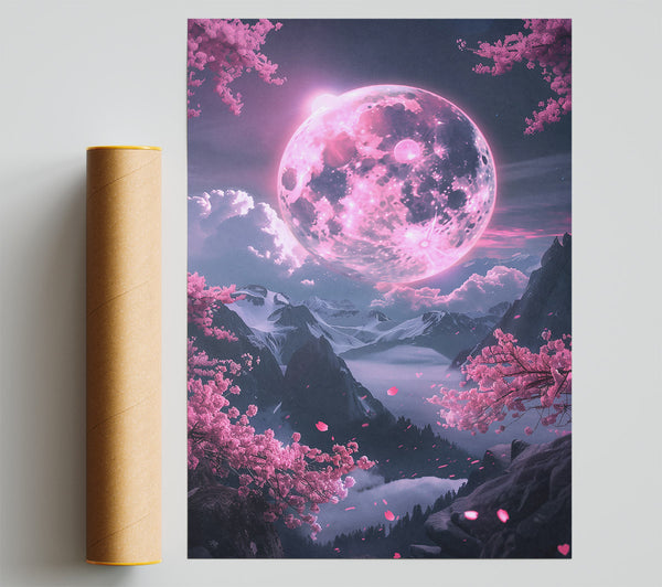 Pink Moon Above Mountains Poster