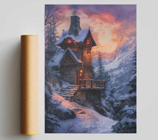 Orange Twilight Cabin Poster