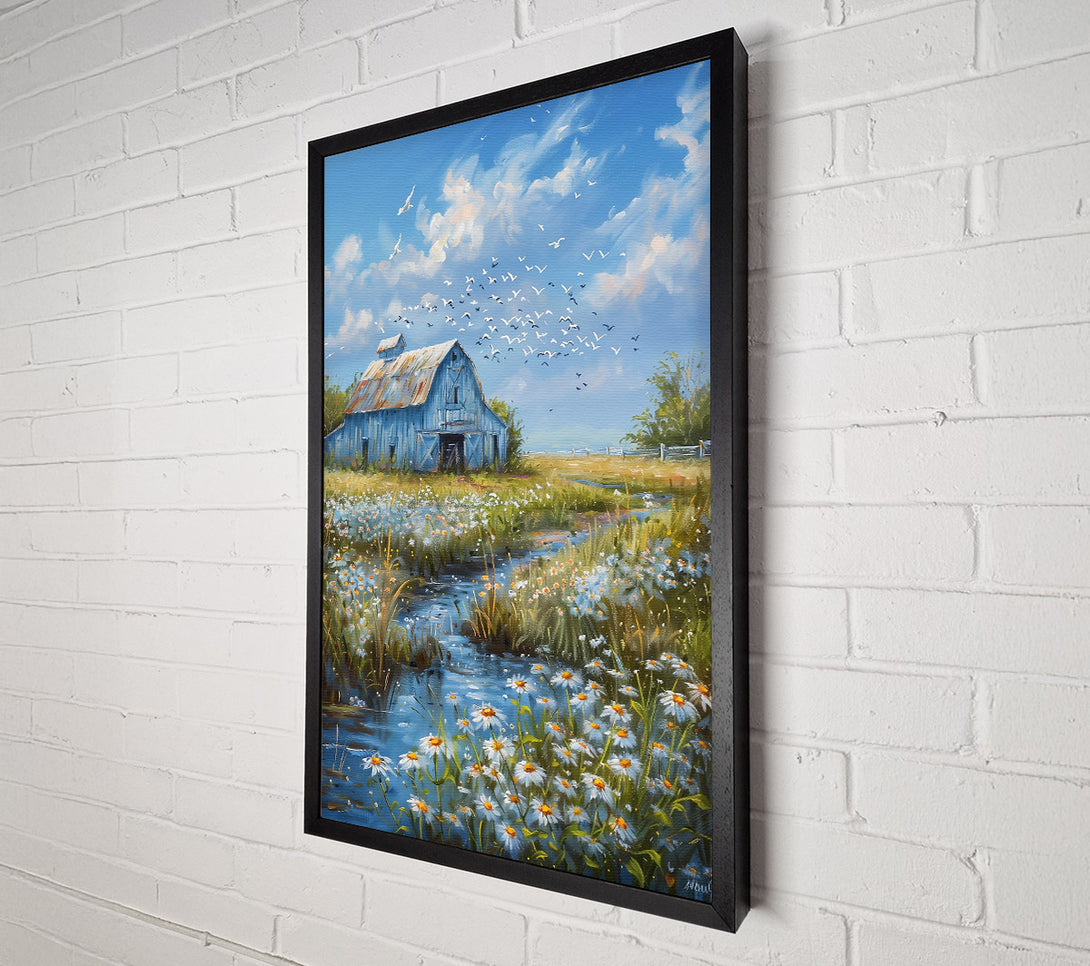  A Canvas Print of Blue Barn And Daisies Canvas Wall Art