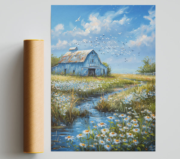 Blue Barn And Daisies Poster