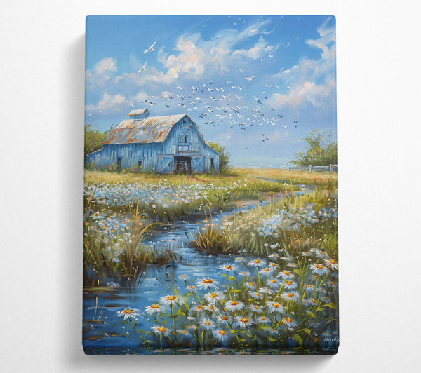  A Canvas Print of Blue Barn And Daisies Canvas Wall Art