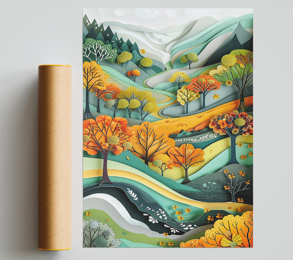 Orange Papercut Hills Poster