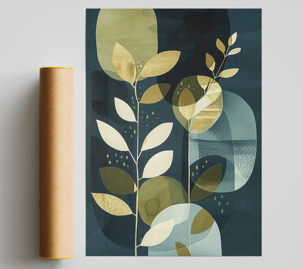 Golden Blue Abstract Leaves Giclee Print